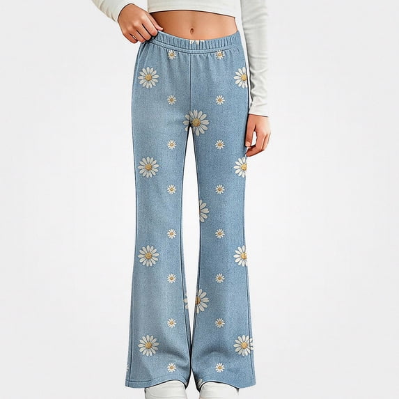 DJDLJWCJ Girls Flare Pants Elastic Waist Flower Lace Print Hem Casual Pants Blue Size 10
