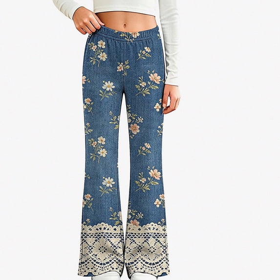 DJDLJWCJ Girls Flare Pants Elastic Waist Flower Lace Print Hem Casual Pants Blue Size 2T