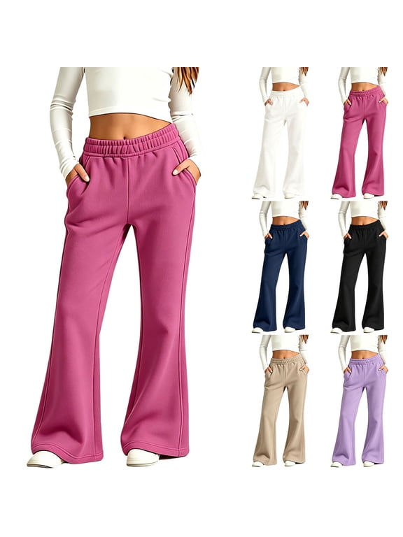 Girls Fleece Lined Flared Sweatpants 5-15 Years Teen Girls Solid Stretchy Warm Winter Casual Pants With Side Pockets Khaki Size 150