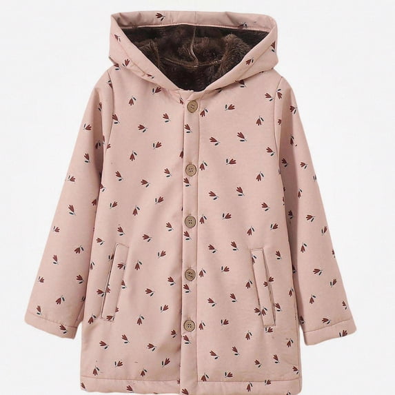 DJDLJWCJ Girls Fleece Lined Hooded Jacket, Fall Winter Girls Mid Length Thickened Warm Coat, Cute Printed Long Sleeve Outerwear Multicolor Size 2T