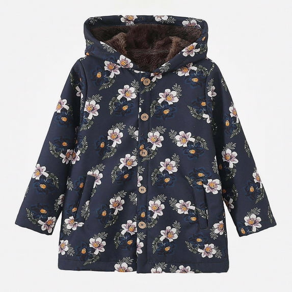 DJDLJWCJ Girls Fleece Lined Hooded Jacket, Fall Winter Girls Mid Length Thickened Warm Coat, Cute Printed Long Sleeve Outerwear Multicolor Size 4T