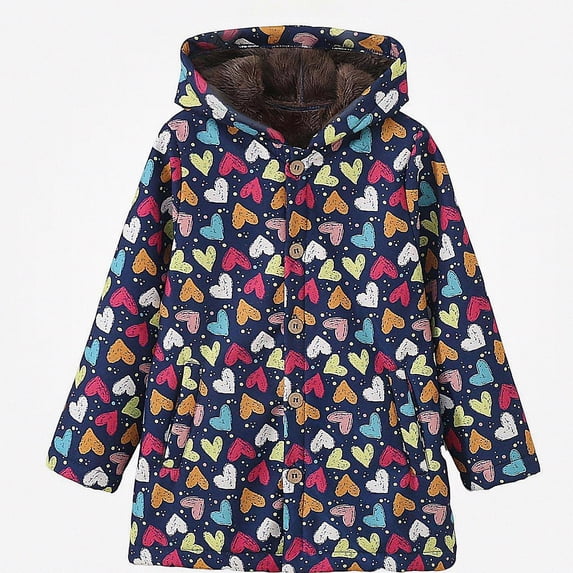 DJDLJWCJ Girls Fleece Lined Hooded Jacket, Fall Winter Girls Mid Length Thickened Warm Coat, Cute Printed Long Sleeve Outerwear Multicolor Size 6