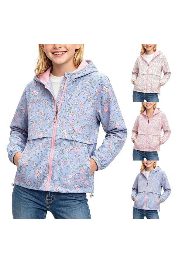 Girls Floral Jacket 2-12 Long Sleeve Double Layer Hooded Windbreaker with Pocket Pink Size 7