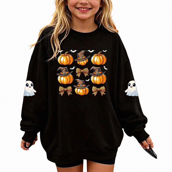 DJDLJWCJ Girls Halloween Fleece Sweatshirt Long Sleeve Crew Neck Oversized Graphic Pullover Kids Fall Casual Halloween Sweatshirts Black Size 11