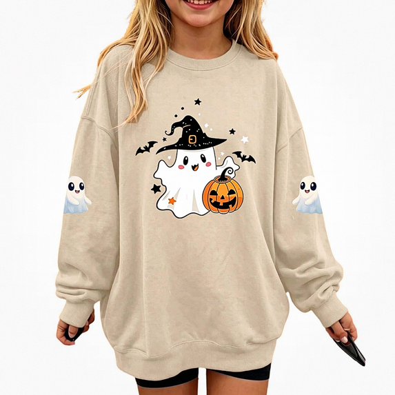 DJDLJWCJ Girls Halloween Fleece Sweatshirt Long Sleeve Crew Neck Oversized Graphic Pullover Kids Fall Casual Halloween Sweatshirts Khaki Size 3T