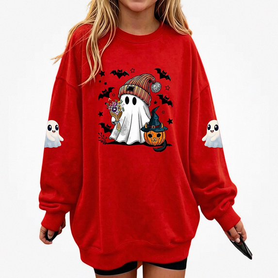 DJDLJWCJ Girls Halloween Fleece Sweatshirt Long Sleeve Crew Neck Oversized Graphic Pullover Kids Fall Casual Halloween Sweatshirts Red Size 11