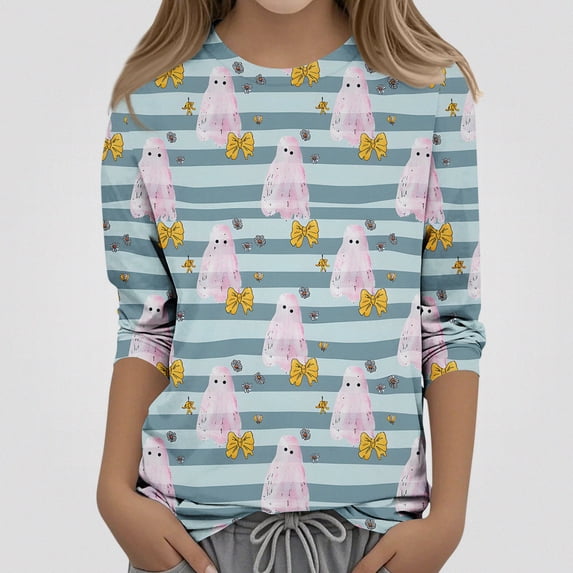 DJDLJWCJ Girls Halloween Shirt 3/4 Sleeve Kids Casual Crewneck Graphic Tee for Halloween Light Blue Size 11