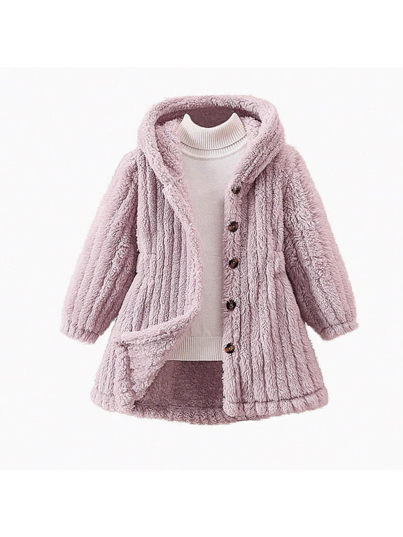 Girls Long Winter Coat Fleece Lined Thicken Warm Button Jacket Long Length Comforty Hooded Coat Pink Size 5T