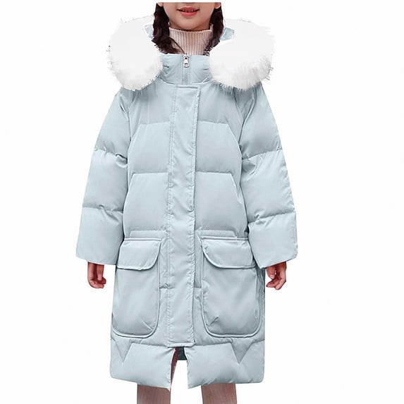 DJDLJWCJ Girls Long Winter Puffer Coat With Hood Girls Warm Quilted Down Jacket Insulated Long Length Outerwear Blue Size 8