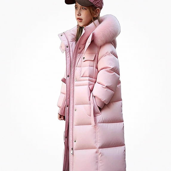DJDLJWCJ Girls Long Winter Puffer Coat With Hood Girls Warm Quilted Down Jacket Insulated Long Length Outerwear Pink Size 13