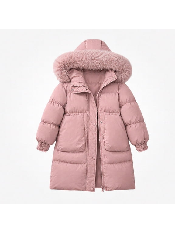 Girls Long Winter Puffer Coat With Hood Warm Quilted Down Jacket Insulated Long Length Outerwear Pink Size 14