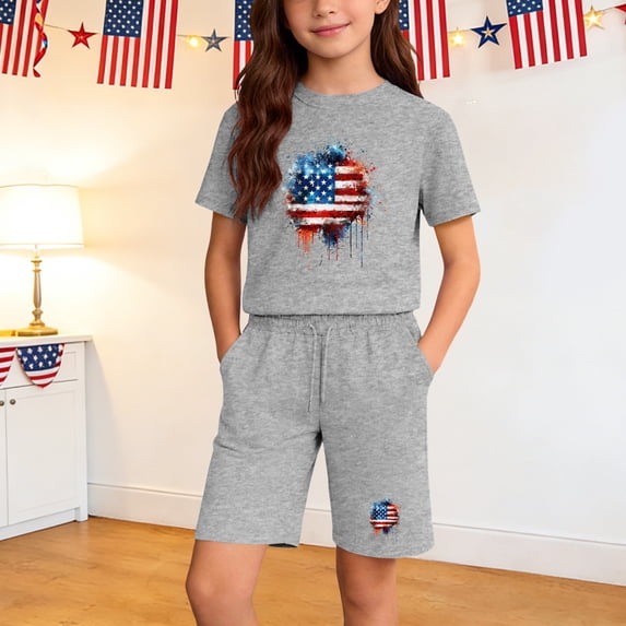DJDLJWCJ Girls Outfit Sets Girls Crewneck Graphic Tee Shirt and Elastic Waist Stretch Soft Shorts Gray Size 11