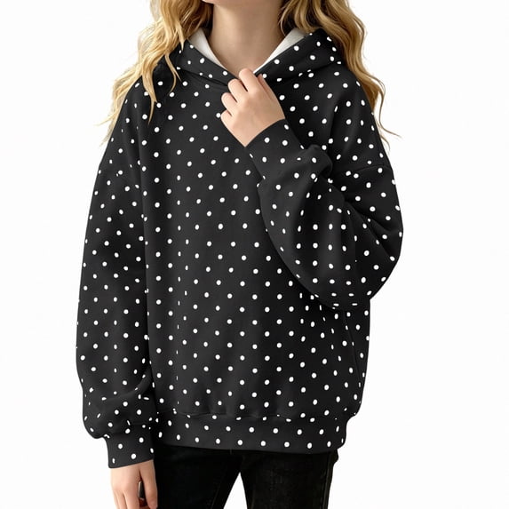 DJDLJWCJ Girls Polka Dot Hoodie Sweatshirt Kids Fall Winter Long Sleeve Printed Pullover for Daily Wear Black Size 9
