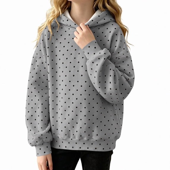DJDLJWCJ Girls Polka Dot Hoodie Sweatshirt Kids Fall Winter Long Sleeve Printed Pullover for Daily Wear Gray Size 9