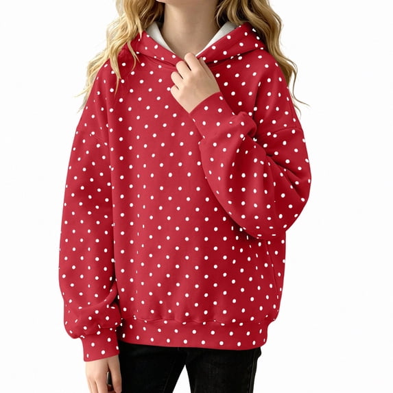 DJDLJWCJ Girls Polka Dot Hoodie Sweatshirt Kids Fall Winter Long Sleeve Printed Pullover for Daily Wear Red Size 13