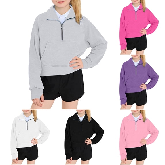 DJDLJWCJ Girls Pullover Sweatshirt 5-14 Quarter Zip Stand Collar Kids Sweatshirts Loose Fit Casual Sweatshirts with Pocket Purple Size 7