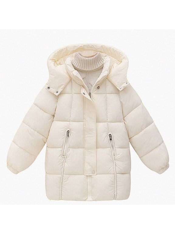 Girls Quilted Jacket Long Sleeve Winter Warm Thicken Puffer Jacket with Hooded Mid Length Down Coat White Size 9