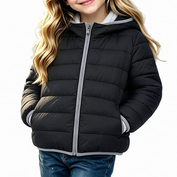 DJDLJWCJ Girls Quilted Jacket Thicken Warm Full Zipper Puffer Jacket Solid Color Thermal Down Coat Black Size 3T