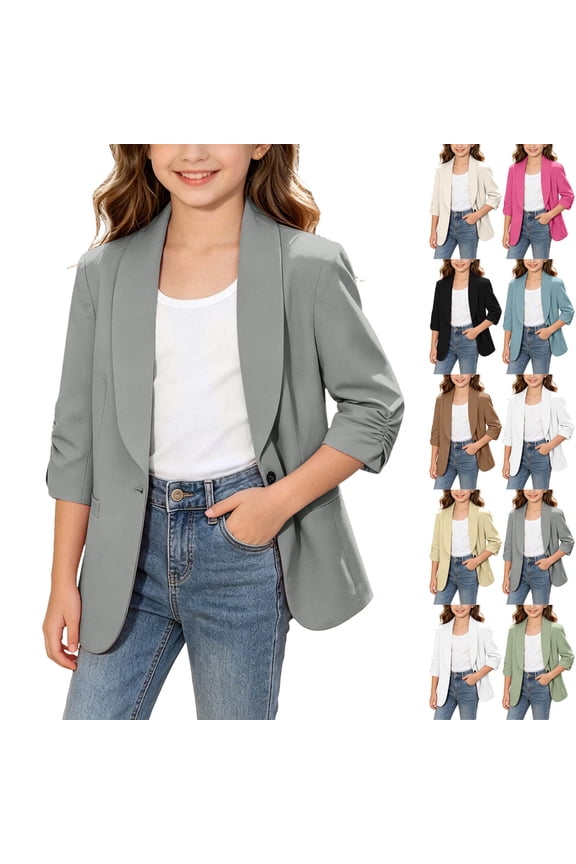 Girls School Blazer with 3/4 Sleeves Solid Color Wrinkle-Resistant Suit Jackets Button Front Jacket for Wedding Prom Party Gray Size 140