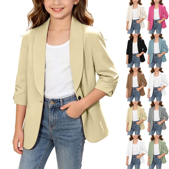 DJDLJWCJ Girls School Blazer with 3/4 Sleeves Solid Color Wrinkle-Resistant Suit Jackets Button Front Jacket for Wedding Prom Party Yellow Size 160