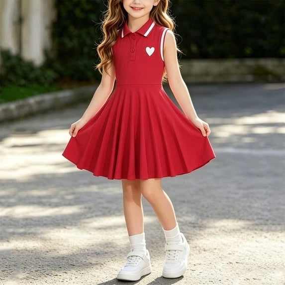 DJDLJWCJ Girls School Uniform Dress 1-8 Solid Color Button polo Dress Stretch Soft Summer Casual Sleeveless Dress Red Size 12M