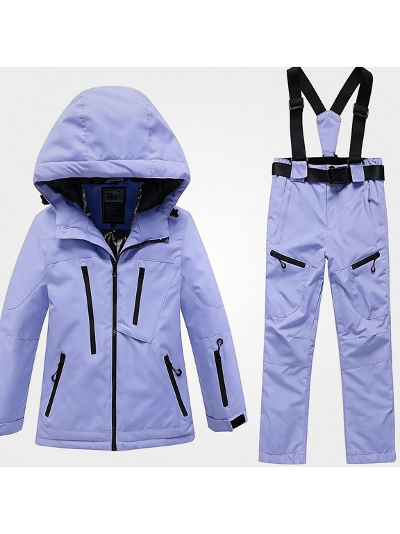 Girls Ski Suit Set 2 Piece Snowsuits for Girls Waterproof Windproof Hooded Snow Jacket and Warm Winter Overalls Pants Blue Size 14