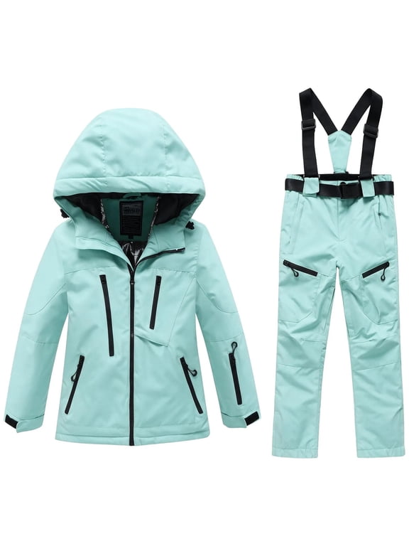 Girls Ski Suit Set 2 Piece Snowsuits for Girls Waterproof Windproof Hooded Snow Jacket and Warm Winter Overalls Pants Mint Green Size 14