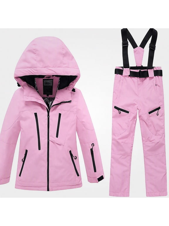 Girls Ski Suit Set 2 Piece Snowsuits for Girls Waterproof Windproof Hooded Snow Jacket and Warm Winter Overalls Pants Pink Size 14