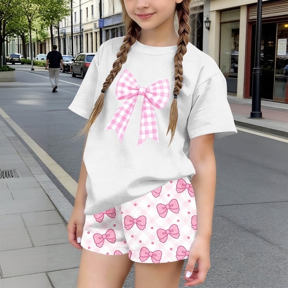 DJDLJWCJ Girls Summer Outfits 2 Piece Crewneck Lightweight Graphic T Shirt with Elastic Waist Comfortable Summer Shorts Set White Size 9