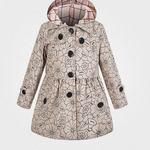 DJDLJWCJ Girls Trench Coat Graphic Printed Kids Winter Warm Thick Jacket Detachable Hooded Khaki Size 3T
