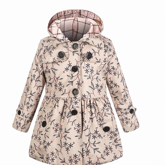 DJDLJWCJ Girls Trench Coat Graphic Printed Kids Winter Warm Thick Jacket Detachable Hooded Khaki Size 8