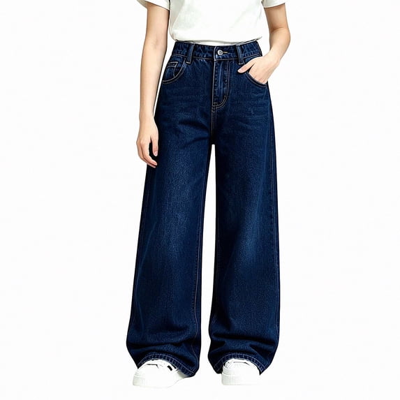DJDLJWCJ Girls Wide Leg Jeans Kids Fall Winter Casual Loose Denim Pants with Pockets Fashion Straight Denim Trousers Blue Size 12