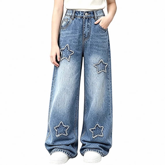 DJDLJWCJ Girls Wide Leg Jeans Kids Fall Winter Casual Loose Denim Pants with Pockets Fashion Straight Denim Trousers Blue Size 12