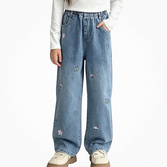 DJDLJWCJ Girls Wide Leg Jeans Kids Fall Winter Casual Loose Denim Pants with Pockets Fashion Straight Denim Trousers Blue Size 5T