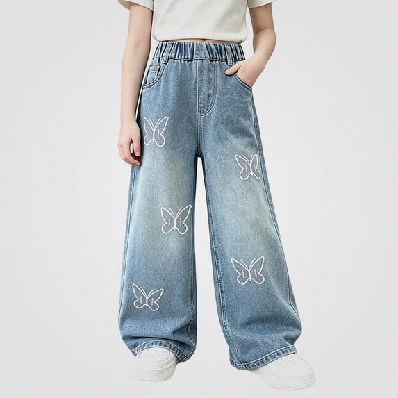 DJDLJWCJ Girls Wide Leg Jeans Kids Fall Winter Casual Loose Denim Pants with Pockets Fashion Straight Denim Trousers Blue Size 7