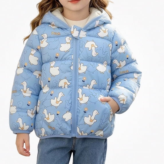 DJDLJWCJ Girls Winter Coat with Hoodie Cute Printed Puffer Jacket Zip Up Warm Jacket Blue Size 4T