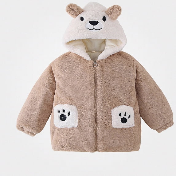 DJDLJWCJ Girls Winter Fleece Lined Jacket with Bear Ear Soft Comforty Full Zipper Warm Coat Brown Size 12M