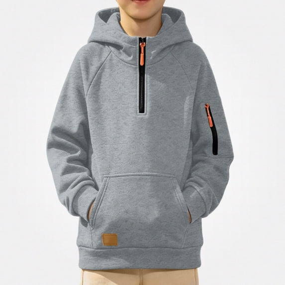 DJDLJWCJ Hoodies for Boys Half Zip Fleece Lined Hooded Sweatshirt Solid Color Thicken Warm Pullover Tops Gray Size 12