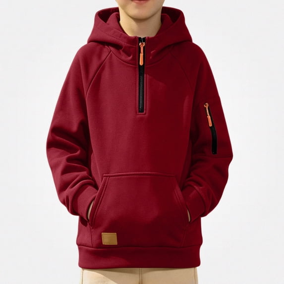 DJDLJWCJ Hoodies for Boys Half Zip Fleece Lined Hooded Sweatshirt Solid Color Thicken Warm Pullover Tops Wine Size 10
