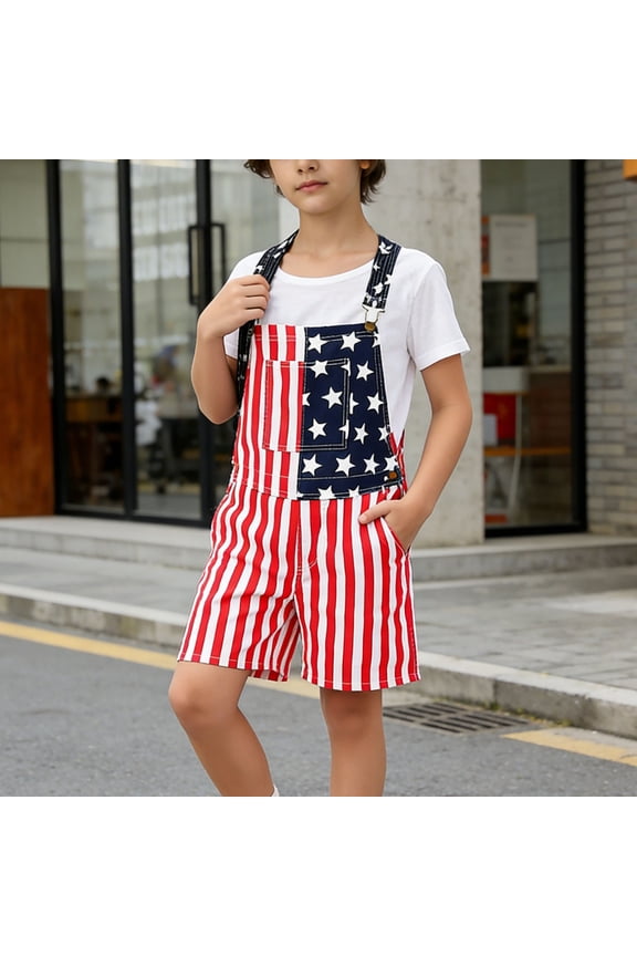 Independence Day Little Boys Cotton Overalls Stripe Printed Stretch Soft Jumpsuit Shorts with Pocket Boys Summer Workwear Red Size 11