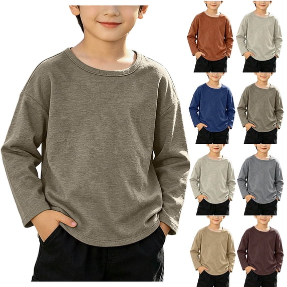 DJDLJWCJ Kids Boys Cotton Long Sleeve Tee Crewneck Loose Fit Basic Tees Tops Stretch Soft Comfortable Shirts Khaki Size 10