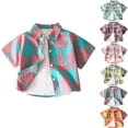 thumbnail image 1 of DJDLJWCJ Little Boys Casual Button Up Shirts with Pocket Plaid Printed Lightweight Soft polo Shirts Summer Stretch Short Sleeve Shirt Pink Size 10, 1 of 4