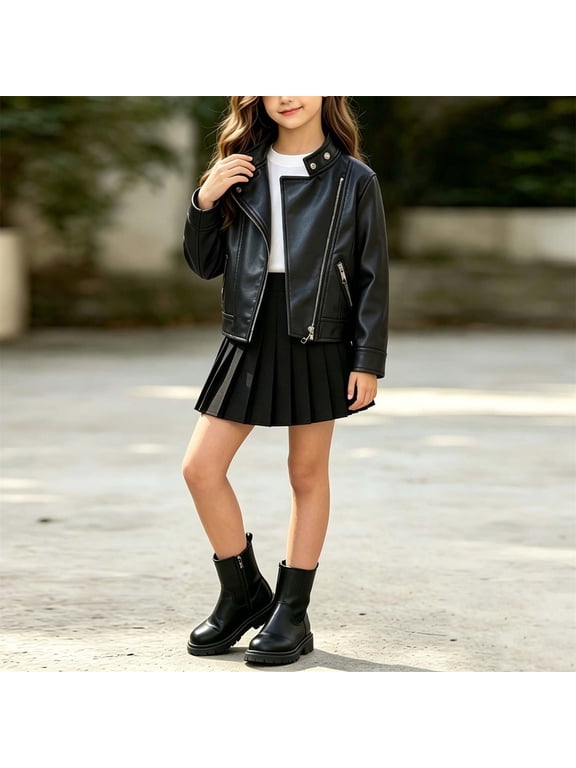 Little Girls Full Zip PU Leather Jacket Long Sleeve Windproof Faux Leather Jacket Fashion Fall Outerwear for School Black Size 1T