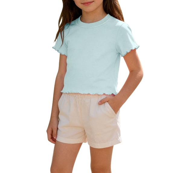 DJDLJWCJ Little Girls Short Sleeve T Shirts Girls Summer Shirts Roundneck Solid Tee Shirts Little Girls Short Sleeve Shirts Fashion Tops, Sky Blue 10 T