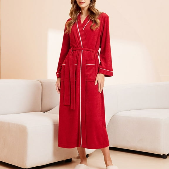 DJDLJWCJ Long Sleeve Robe for Women Bathrobe Fleece Warm Solid Soft Tie Sleepwear Womens Robes, Pajamas Loungewear Red M