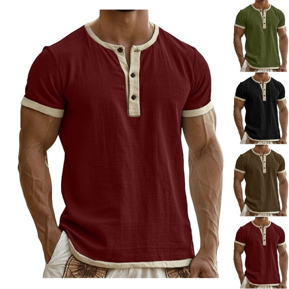 DJDLJWCJ Men Shirts Casual T Shirt for Men Linen Sotf Button Short Sleeve Shirt Men Summer Lightweight Classic Tee, Wine 3XL
