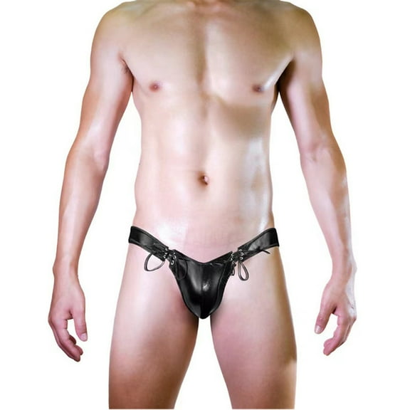 DJDLJWCJ Mens Bikini Briefs Tie Leather Low Waist Thin underpants Black Free Size