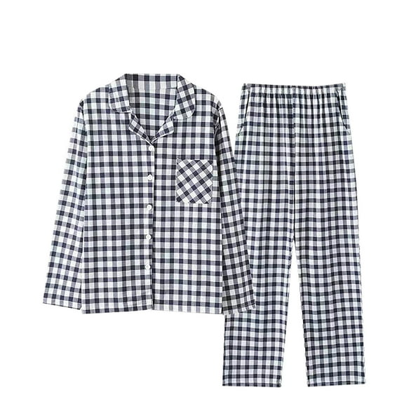 DJDLJWCJ Mens Button Down Pajama Sets Plaid Print Lightweight Sleepwear Long Sleeve Pjs Sets and Open Bottom Long Pants Sleepwear Pants Dark Blue XL