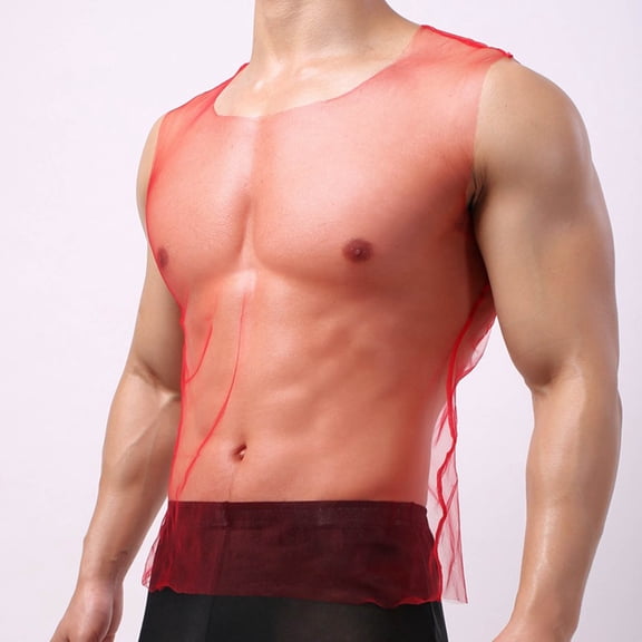 DJDLJWCJ Mens Erotic Underwear Top, Transparent Seductive Mesh Men's Erotic Lingerie Underwear Tops Red 2XL