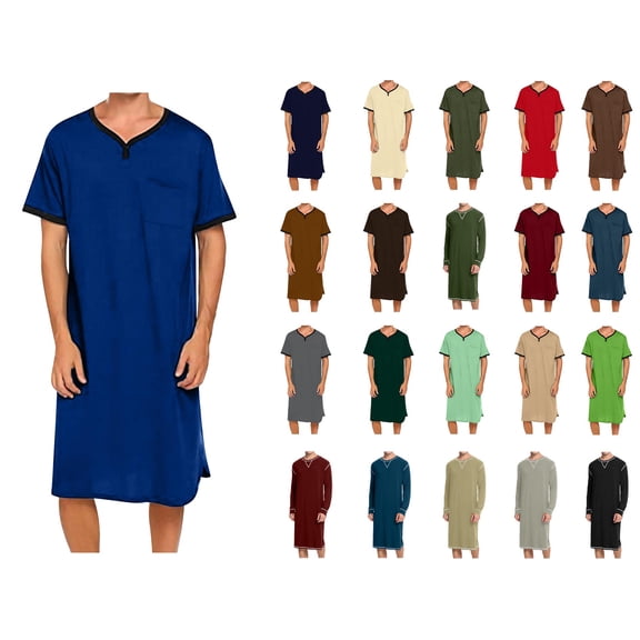 DJDLJWCJ Mens Nightgown Short Sleeve Lightweight Comfy Mens Nightshirt V-Neck PJ Soft Loose Long Lounge Pajama Sleepwear Red S